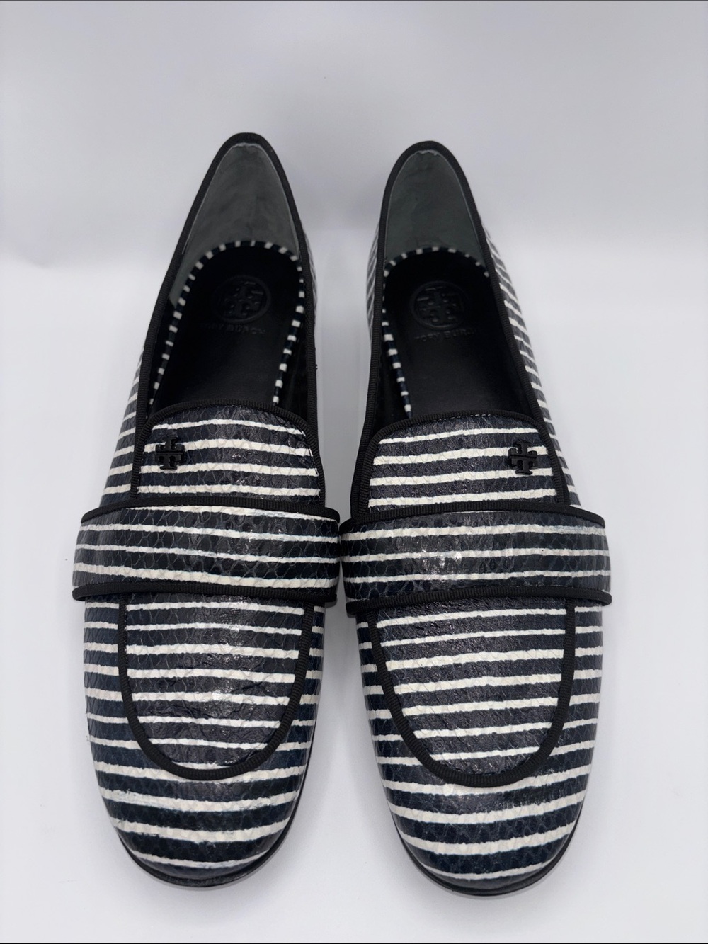 Tory Burch Black and White Striped Leather Penny Loafers